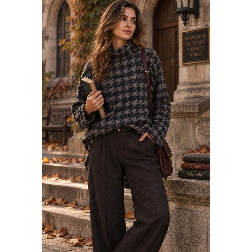 J. Jill Wearever Academia Houndstooth Mock Neck Sweater Gray Black Tall Medium